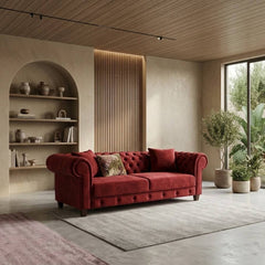 Luxury dark maroon velvet three seater sofa interior setting