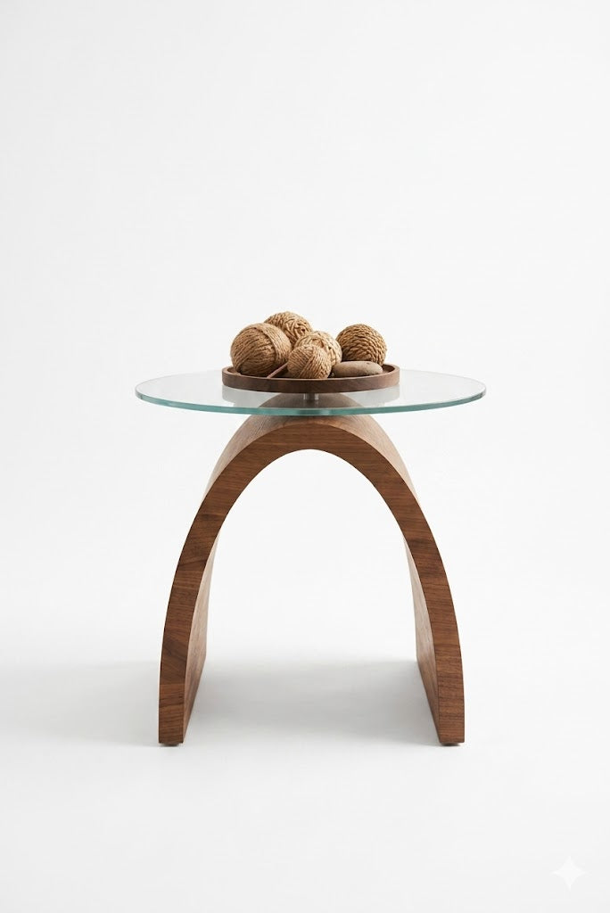 Contemporary glass top accent table with wooden arch base