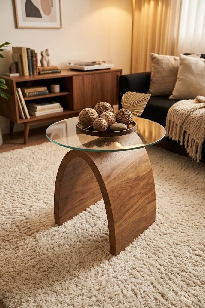 Designer wooden side table with glass top styled in modern interior