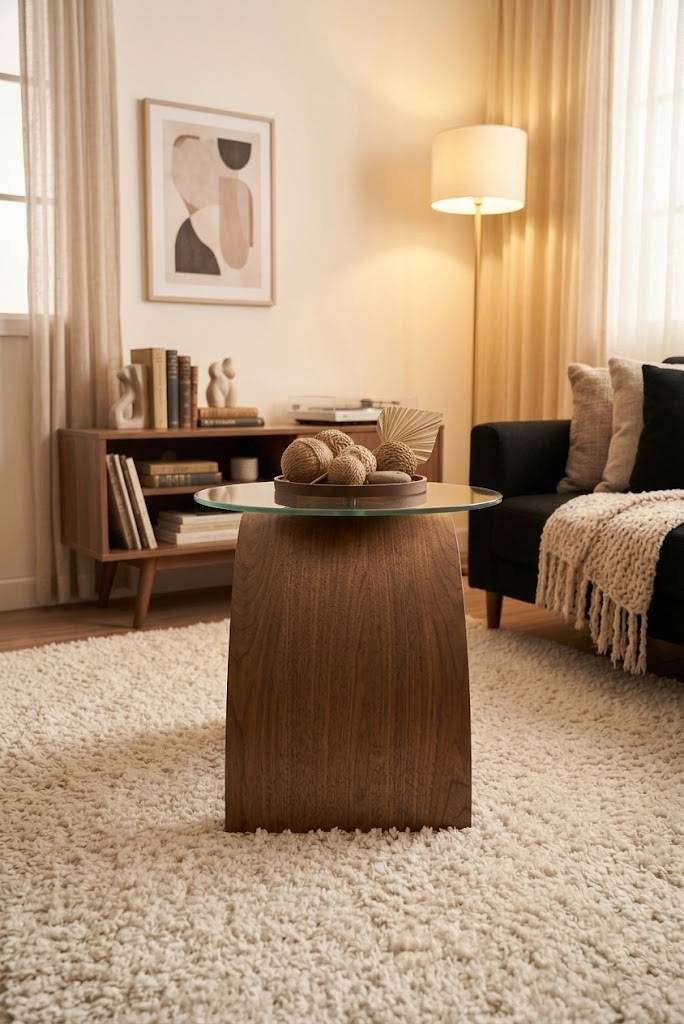 Luxury glass top accent table with wooden base in home interior
