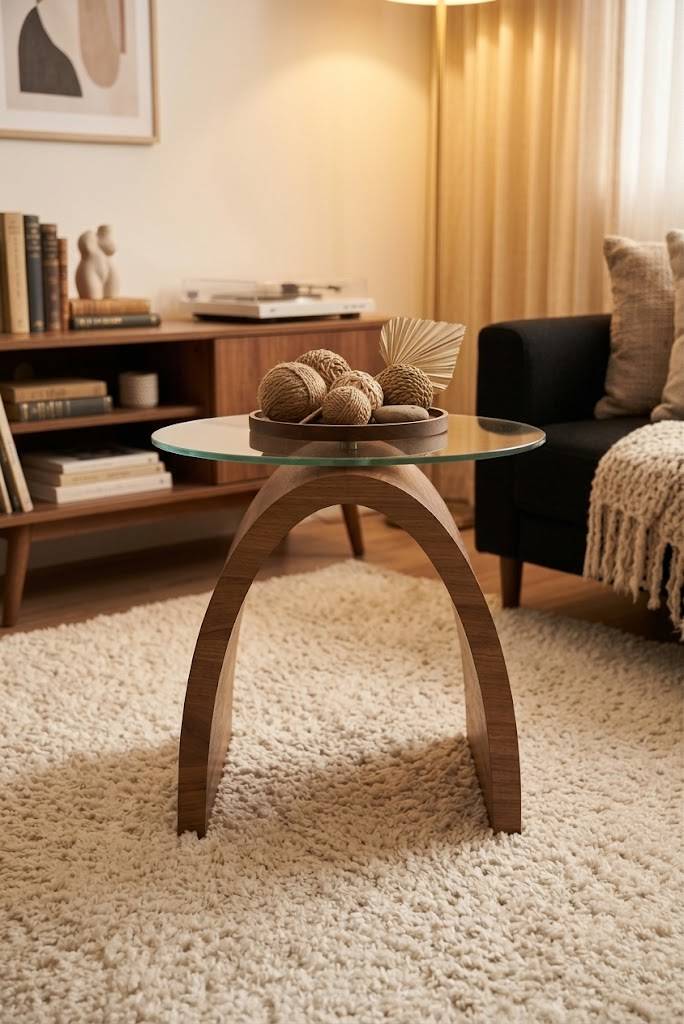 Luxury wooden accent table with glass top in cozy interior