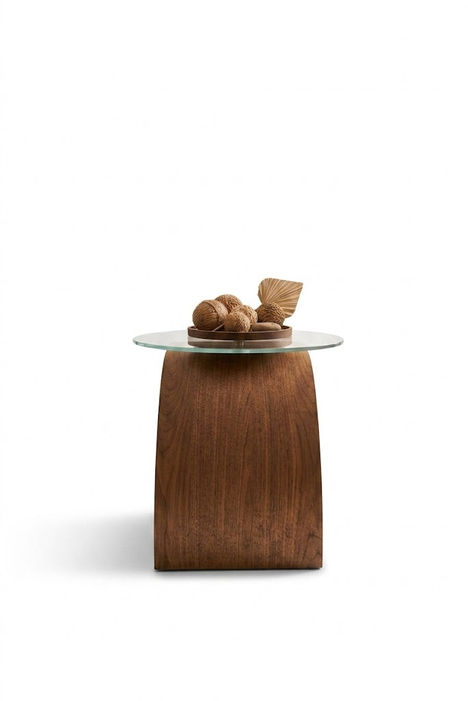 Wooden side profile of glass top accent table